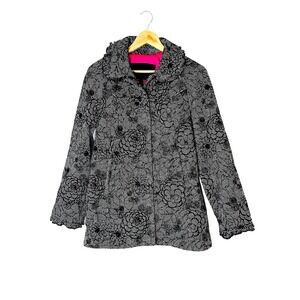 Betsey Johnson Women Size 10 Black White Floral‎ Ruffle Collar Button Coat